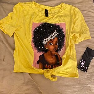 Pearled Ebony Face Print Yellow Front Knotted Cropped Too